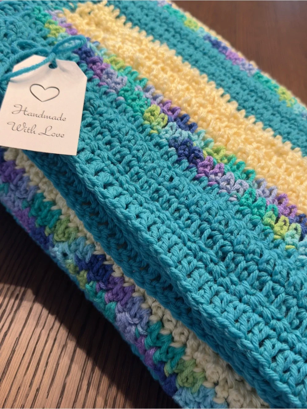 NWT Handmade Crochet Baby / Lap Blanket Blue Yellow Multi